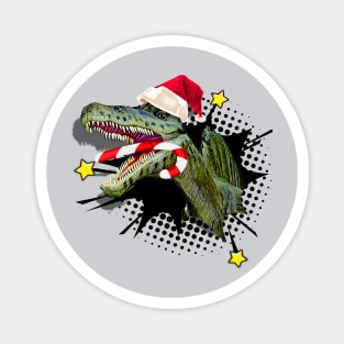 Dinosaur T-Rex with Santa Hat and Candy Cane Christmas Magnet